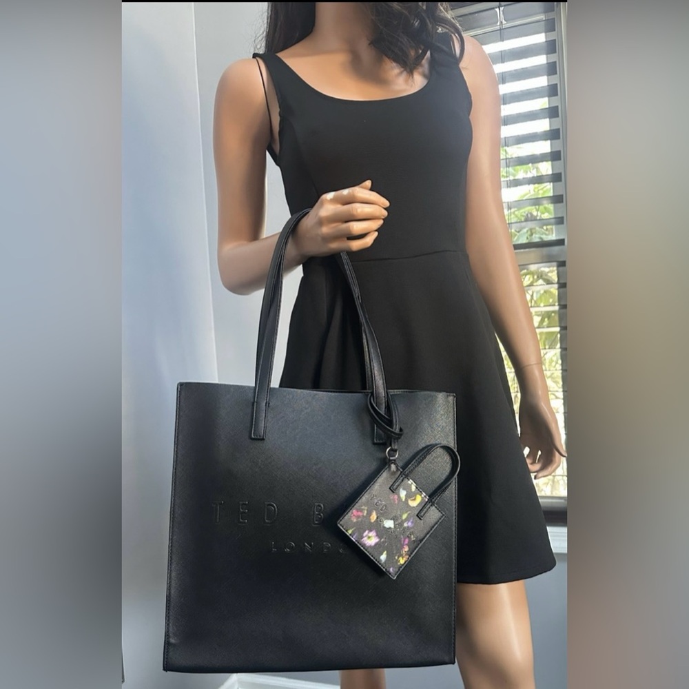 Ted Baker NWT "The Icon" Black Faux Leather Embossed Large Tote w/ Floral Charm